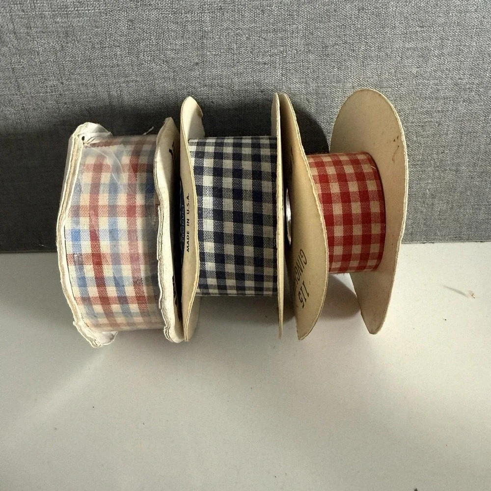 Vintage Lot of 9 Rolls Fabric Ribbons Red Yellow Brown Blue Pattern Check Plaid